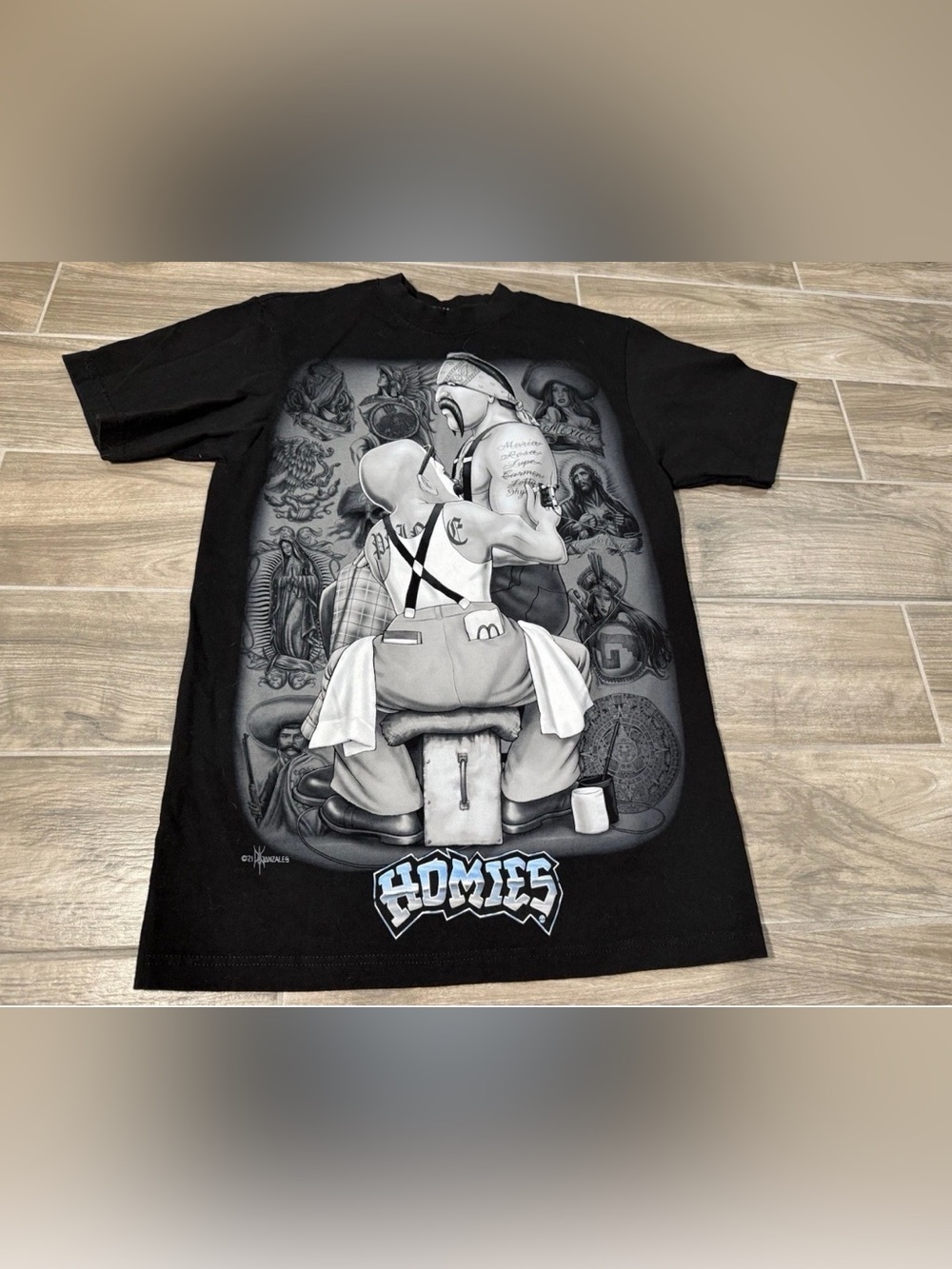 Vintage Y2k HOMIES - 90s Homies All Over Tattoo Shop Mens SMALL Shirt